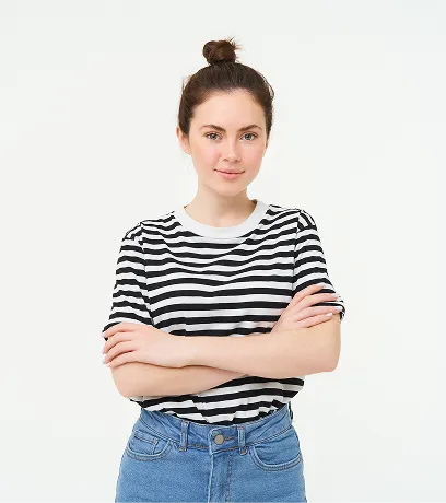 portrait young stylish woman years old looking upbeat motivated posing photo against 1 converted